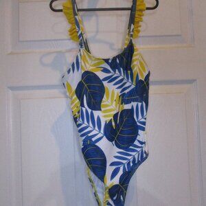 Girls Yellow Blue White One Piece Swimsuit Ruffles Size 7